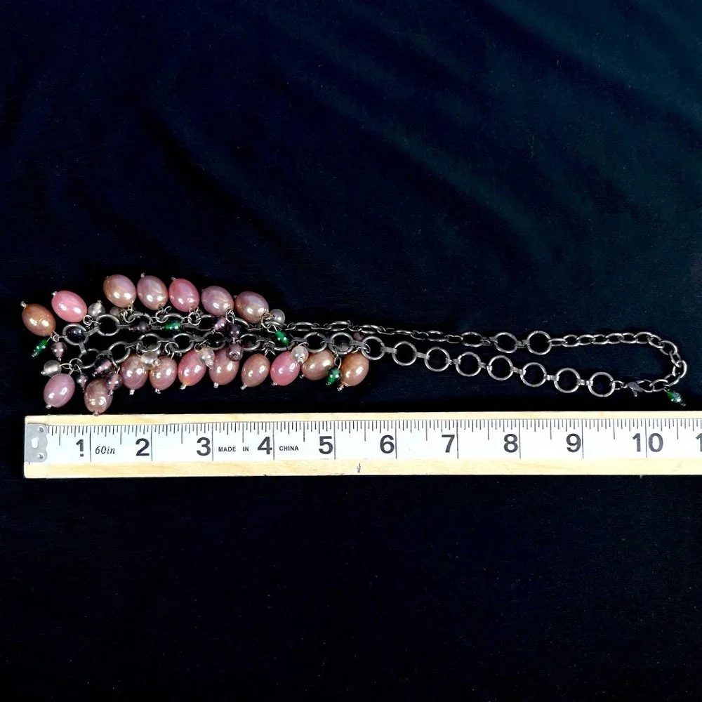 Beautifully Detailed Antique Pewter w/ Mauve Pink‎ & Green Glass Beads Necklace
